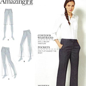 May include: A sewing pattern for a pair of flared leg pants. The pattern includes instructions for a contour waistband that sits 1 inch below the waistline. The pattern also includes instructions for pockets that stay flat against the body. The pattern is for sizes 10-18. The pattern is designed and printed in the USA.