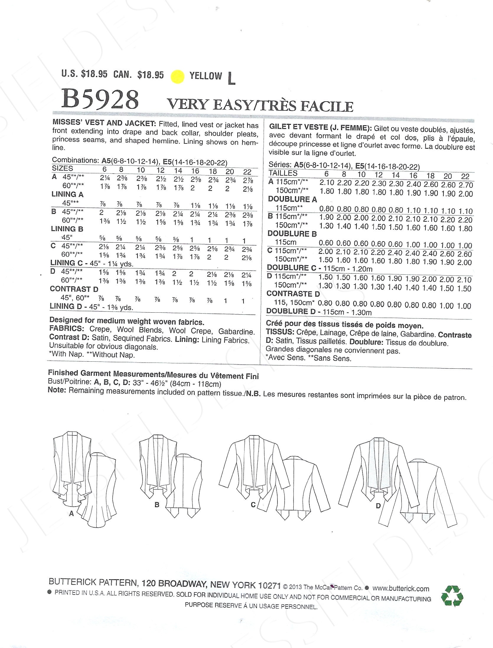 UNCUT Butterick Sewing Pattern 5928 Misses Shawl Collar Vest and Jacket ...