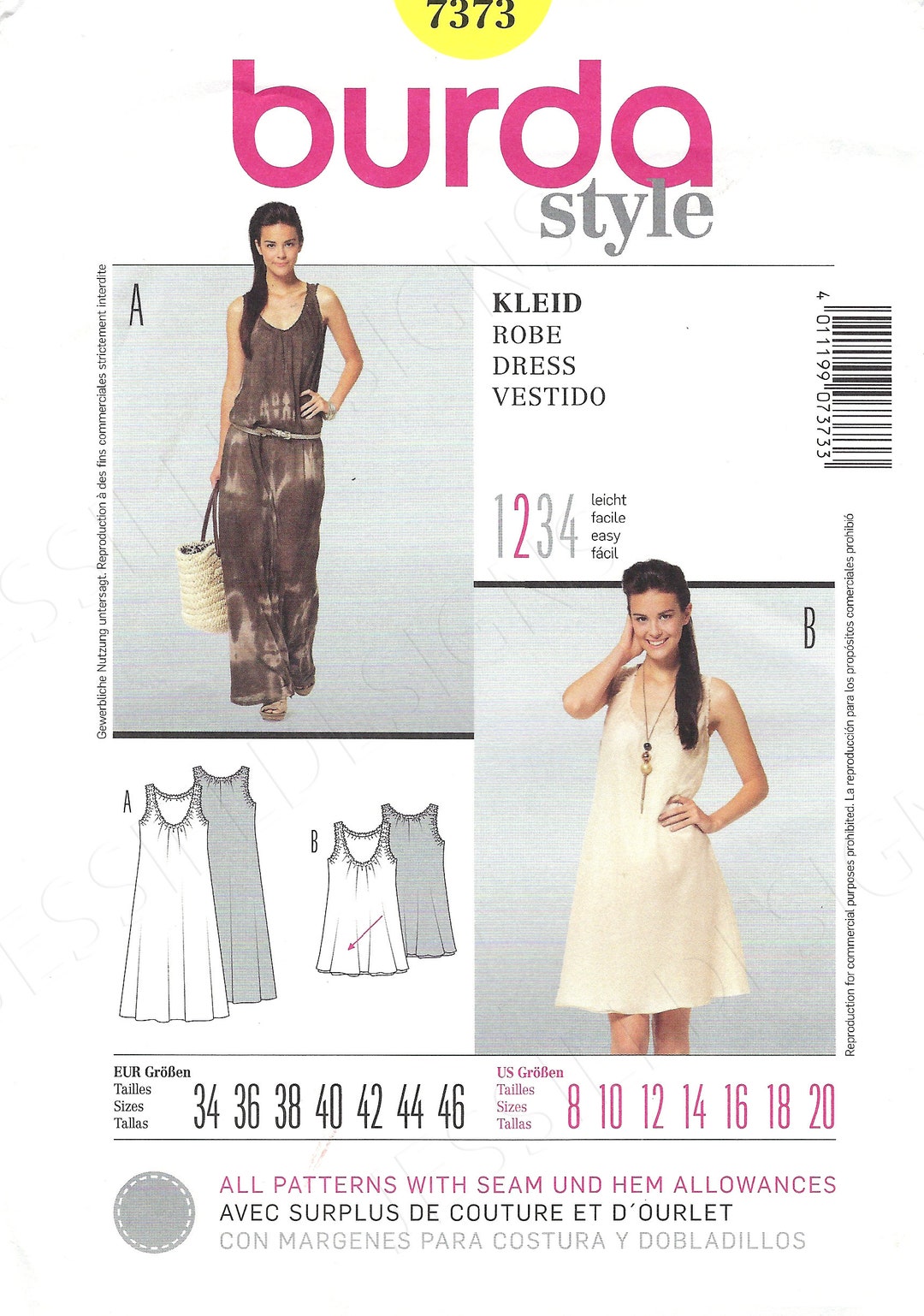 Uncut Burda Style Sewing Pattern 7373, Women's Tunic Dress, Smock Dress ...