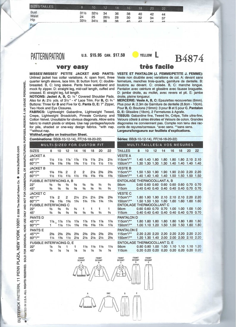 Uncut Butterick Sewing Pattern 4874 Misses' Easy Jacket and Pants ...
