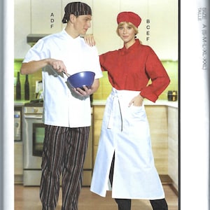 May include: A white chef's jacket with a red chef's jacket and a white apron. The chef's jackets have buttons and the apron has a tie. The person wearing the white chef's jacket is holding a blue mixing bowl. The person wearing the red chef's jacket is standing with their hands in their pockets. The image includes the text "McCall's" and "Size A (S-M-L-XL-XXL)".