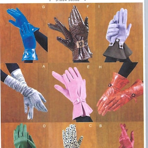 May include: Vogue Accessories V7949 sewing pattern envelope featuring nine variations of gloves in different colors, textures, and styles, including blue with studs, brown faux-croc with a buckle, lavender with cuffs, ruched silver, pink with a button, and leopard print.