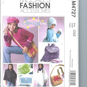 May include: A sewing pattern for a variety of accessories, including a backpack, a purse, a hat, and a poncho. The pattern is called "Sassy Girl" and is from McCall's Fashion Accessories. The pattern number is M4727.