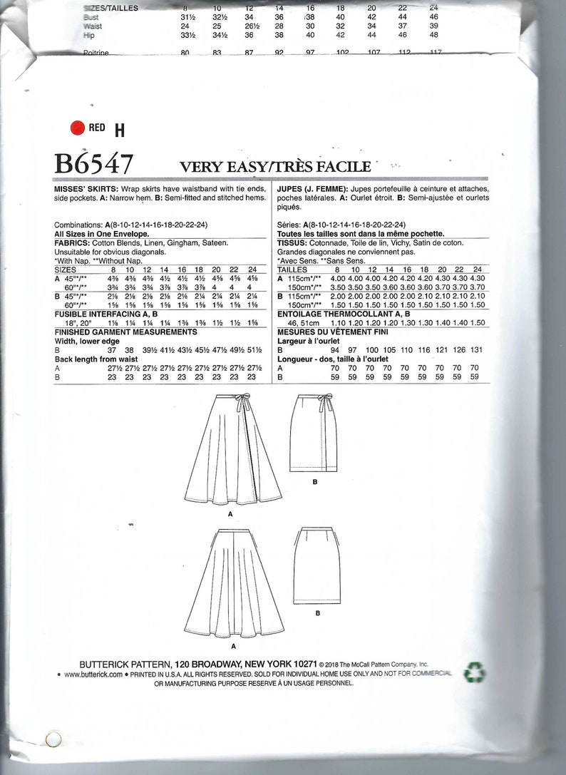 Uncut Butterick Sewing Pattern Chetta 6547 Straight or Flared Wrap ...