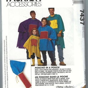 May include: A sewing pattern for a poncho that folds into a pouch. The pattern is for adults and children sizes 2 through 14. The pattern includes instructions for making a poncho in a pouch. The pattern is by Mary Mulari Designs.