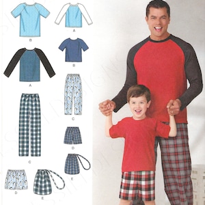 Peut inclure: Patron de couture Simplicity 1605A. L'image présente un patron pour des chemises à manches raglan, des shorts et des pantalons de pyjama. Le patron comprend diverses options de blocs de couleurs et de motifs. L'image montre également un homme et un enfant portant l'ensemble de pyjama.