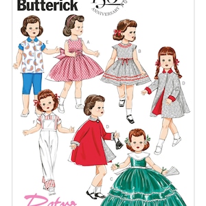 May include: Butterick B5865 sewing pattern for doll clothing featuring illustrations of seven outfits labeled A through F. The designs include dresses, a coat, pants, and a top with various patterns and colors like red, green, and white. Text includes 1863-2013 150th Anniversary, Retro Butterick '56, and One Size.