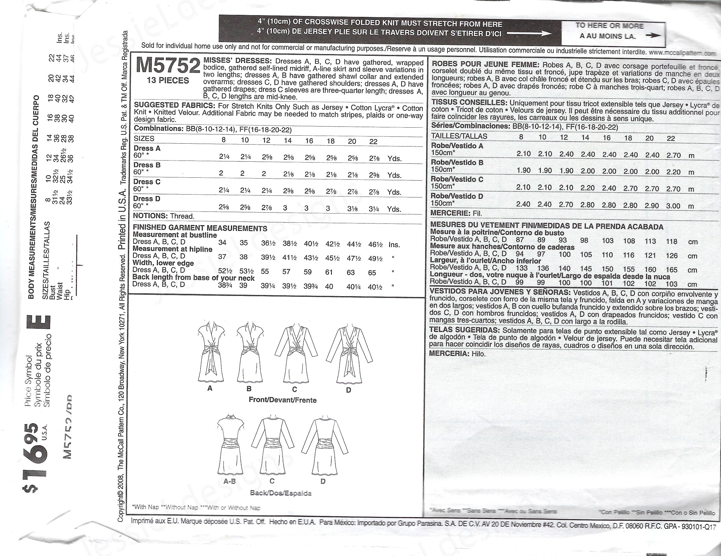Uncut Mccall's Sewing Pattern 5752 Dress for Stretch Knits V Neckline ...
