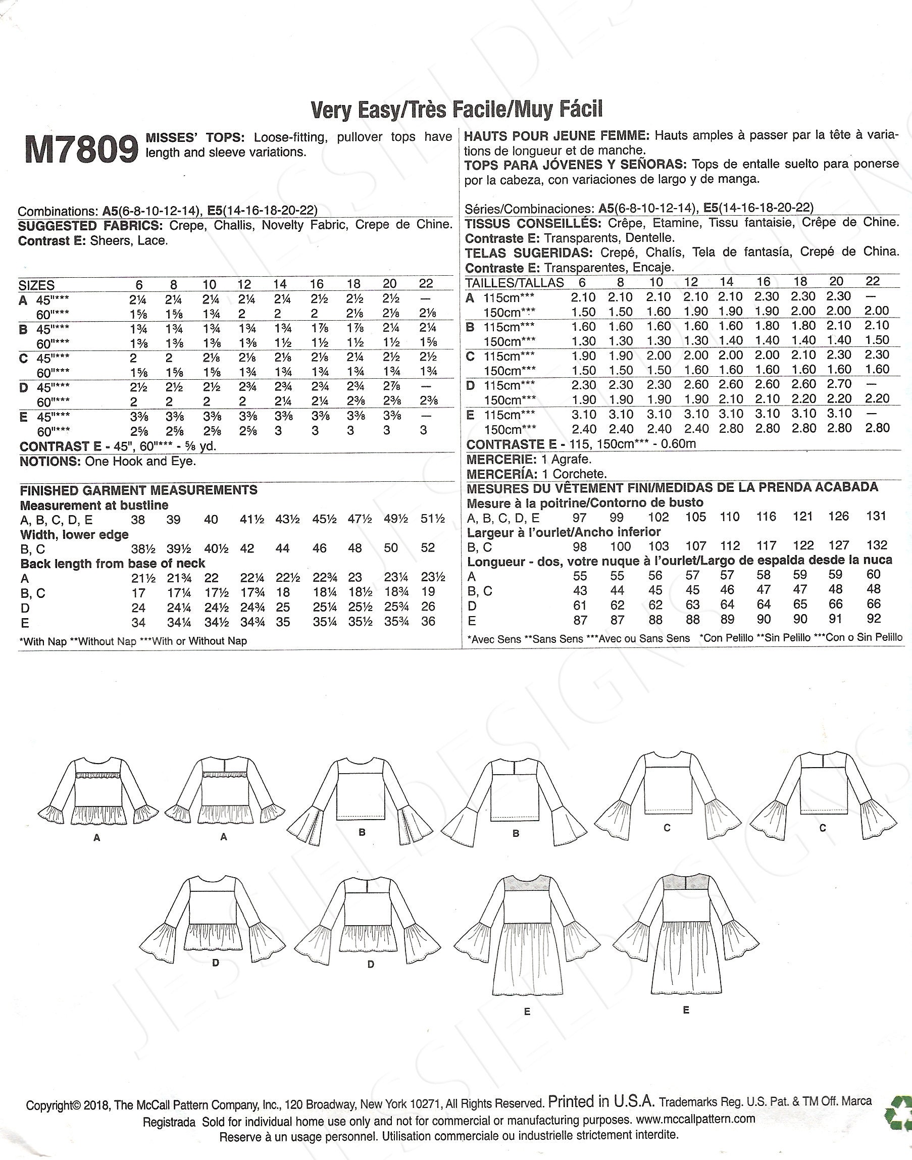 Pattern 721 Uncut Mccall's Sewing Pattern 721 7809 Misses' Tops Size 6-8-10-12-14 ...