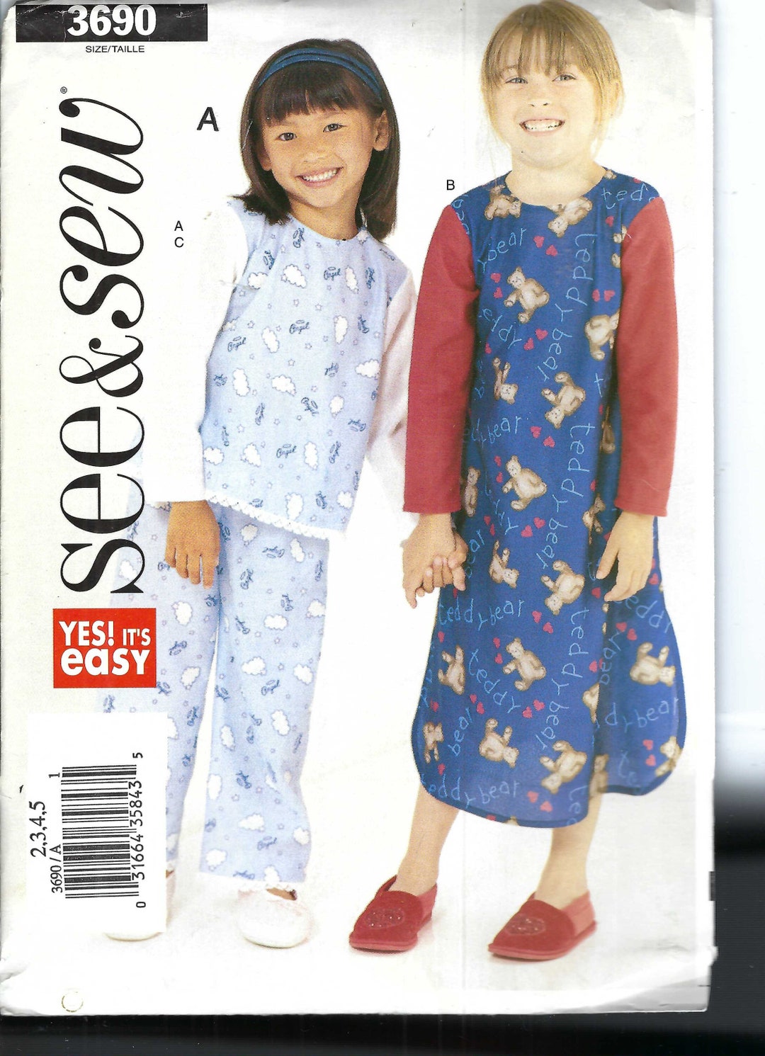 Uncut Butterick Sewing Pattern 3690 Girls Pajamas Nightgown Size 2-5 FF ...