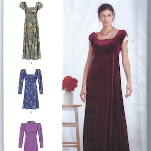 Puede incluir: Patrón de costura Simplicity R11276 para un vestido en tallas US 6-14, Euro 32-40 y Francesa 34-42. El patrón incluye tres estilos diferentes: un vestido de manga larga con estampado floral, un vestido de manga larga con estampado azul y blanco, y un vestido de manga larga de color morado sólido. El patrón también incluye una modelo que lleva un vestido de terciopelo burdeos con escote cuadrado y mangas cortas.