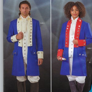 Op de afbeelding: Simplicity patroon R11004 voor een historisch kostuum. Het patroon bevat instructies voor het maken van een blauwe jas met witte en rode accenten. Het patroon is voor maten US 44-52, Euro 54-62 en Frans 54-62.