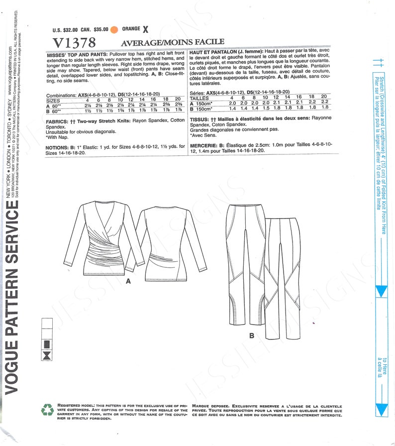 Below-Waist Leggings FF Uncut vogue sewing pattern 1378 Women Designer Knit Top /& Pants Sizes 4-12 Women Close-Fit Pullover Top