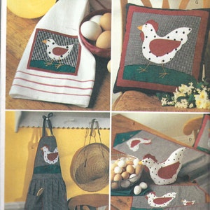 May include: A sewing pattern for a set of kitchen accessories featuring a chicken design. The pattern includes instructions for making a cushion, a table runner, a set of pot holders, an apron, and a tea towel. The pattern is from Butterick and is size 3685.