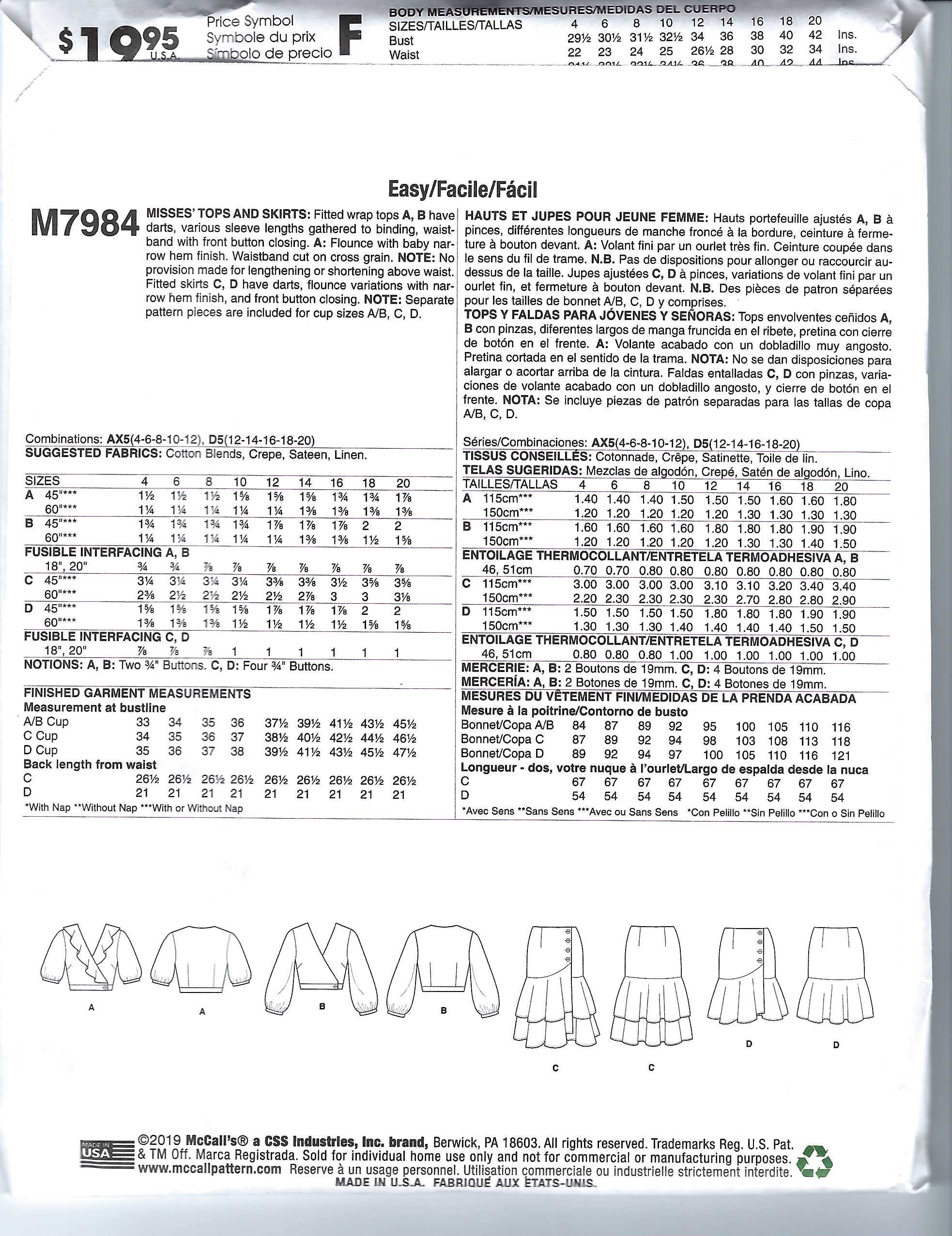 Uncut Mccalls Sewing Pattern 7984 Misses' Tops and Skirts in Sizes 4-6 ...
