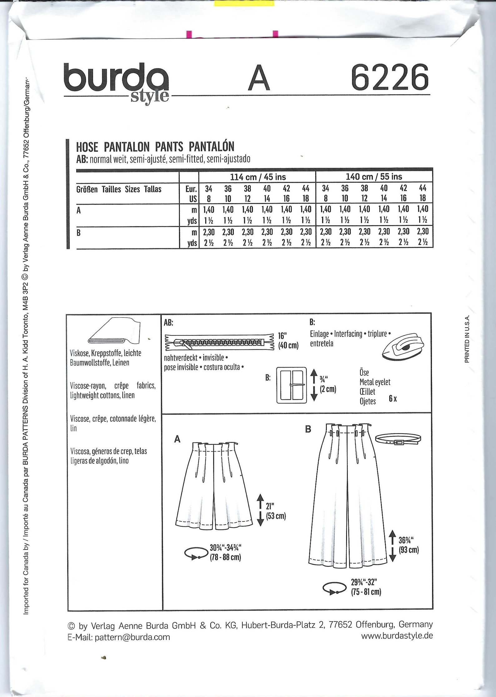 Uncut Burda Style Sewing Pattern Bermuda - Culotte Pants - Waistband ...