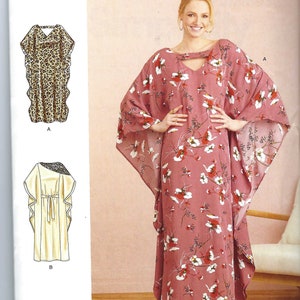 May include: Simplicity sewing pattern R11103 for a long, flowing dress with a keyhole neckline. The pattern includes two variations: one with a leopard print and one with a floral print. The pattern is designed and printed in the USA.