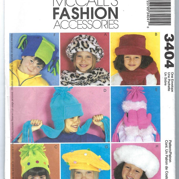 Uncut mccalls Nähen Schnittmuster 3404 Kinder Funky Mützen Jungen Mädchen Fransen Pom Pom, Fleece Fell Barett Eimer Ohrflap Mütze Mütze Mütze Fäustlinge FF