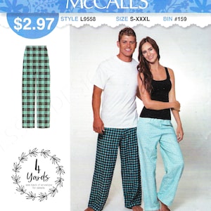 May include: A sewing pattern for a pair of plaid pants. The pattern is called "It's Sew Simple" and is from McCall's. The pattern number is L9558 and the size is S-XXXL. The pattern requires 4 yards of fabric. The pattern is made in the USA.