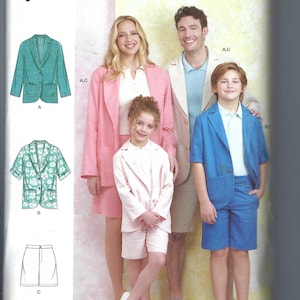 May include: A sewing pattern for a blazer, shorts, and skirt. The pattern includes instructions for making a blazer with a floral print, a blazer in a solid color, and a pair of shorts. The pattern is for sizes XS-L/XS-XL. The pattern is from Simplicity.