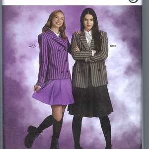 May include: A sewing pattern for two different outfits. The pattern is for sizes 16-24. The first outfit is a purple and black striped jacket with a purple skirt. The second outfit is a gray and black striped jacket with a black skirt. Both outfits are shown on models wearing black tights and black boots.
