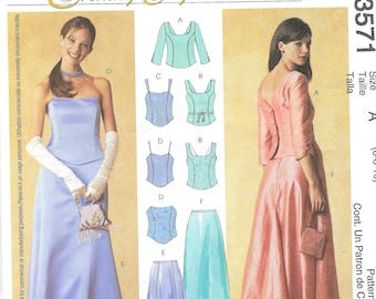 May include: McCall's Evening Elegance sewing pattern for a dress with a bodice and skirt. The pattern includes a variety of options for the bodice, including a sleeveless, a long-sleeved, and a strapless bodice. The skirt is a full-length skirt with a fitted waist.