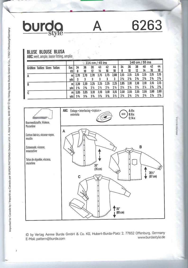Uncut Burda Sewing Pattern 6263 Blouse Shirt Blouses in a - Etsy