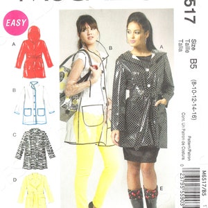 May include: A sewing pattern for five different raincoats. The pattern is for sizes 8-10-12-14-16. The pattern is called McCall's M6517.