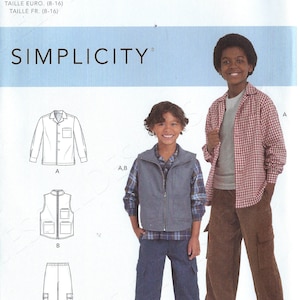 May include: A sewing pattern for boys' clothing, featuring a long-sleeved shirt, vest, and cargo pants. The pattern is for sizes 8-16. The pattern is from Simplicity.