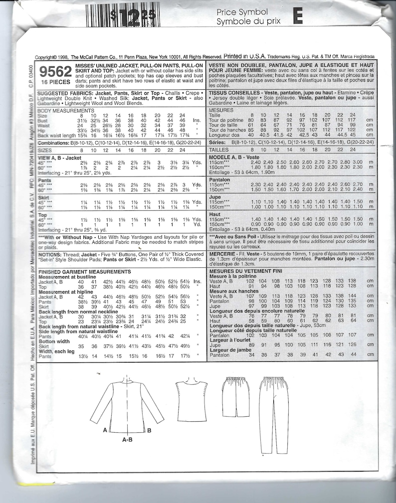 Patterns 9562 Uncut Mccalls Sewing Pattern 9562 Sewing Pattern Misses Jacket Pants ...