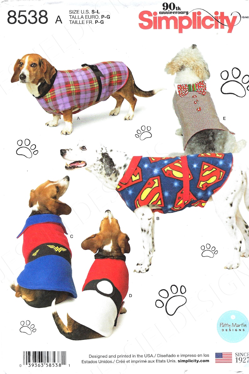 Uncut Simplicity sewing pattern 8538 Patty Martin Designs Dog Coats in Sizes Small Medium and Large FF