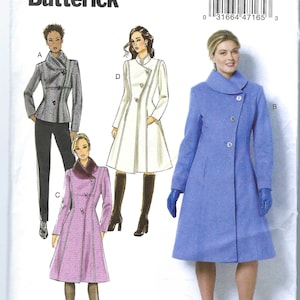 May include: A sewing pattern for a coat with four different styles. The pattern is for sizes 8-10-12-14-16. The pattern is from Butterick and has the number B6497.