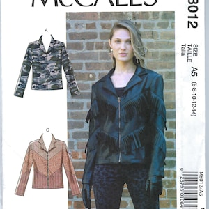May include: A sewing pattern for a jacket with three different styles. The jacket is shown in a camouflage print, a black leather with fringe, and a pink and orange patterned fabric. The pattern is for sizes 6-8-10-12-14.