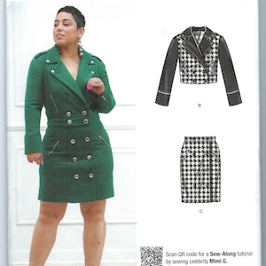 May include: Sewing pattern Simplicity S9638 for a green double-breasted dress, a black and white houndstooth skirt, and a black and white houndstooth jacket. The pattern is for sizes 6-14, 32-40, and 34-42.