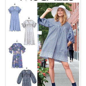 May include: A sewing pattern for a loose-fitting dress with a V-neckline and 3/4 sleeves. The pattern includes five different variations of the dress, including a blue gingham dress, a floral print dress, and a striped dress. The pattern is labelled "M7742".