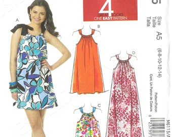 Patrón de costura McCall 6115 sin cortar. Vestido de verano para mujer. 4 estilos, 3 largos. Corte holgado, con tirantes y escote tipo jareta. Tallas 6-14 y 14-20 (FF).