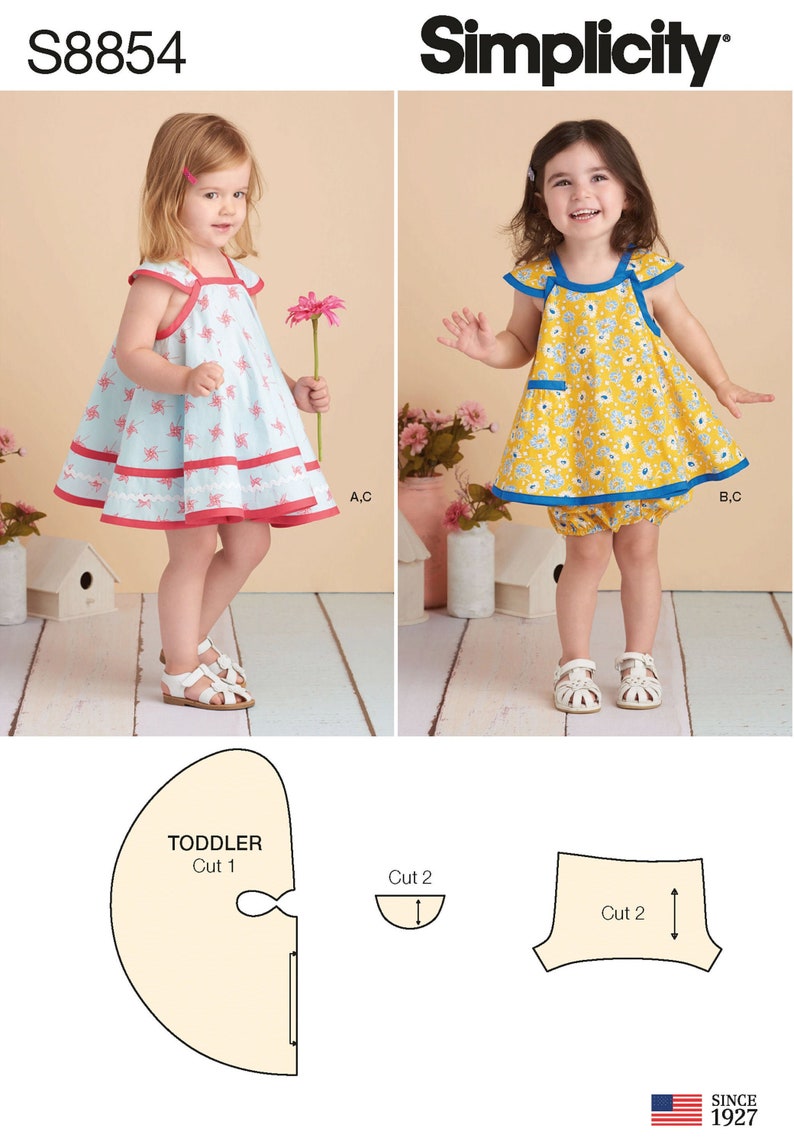 Uncut Simplicity Sewing Pattern S8854 8854  10129 Pinafore Dress & Panties, Sundress, Toddler Girl's Sizes 1/2 1 2 3 4 FF 
