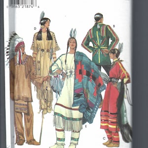 May include: Simplicity sewing pattern 8281 featuring Native American-inspired clothing designs. The pattern includes various outfits with fringed details, feather accents, and colorful geometric patterns. The image shows multiple figures in different outfits.