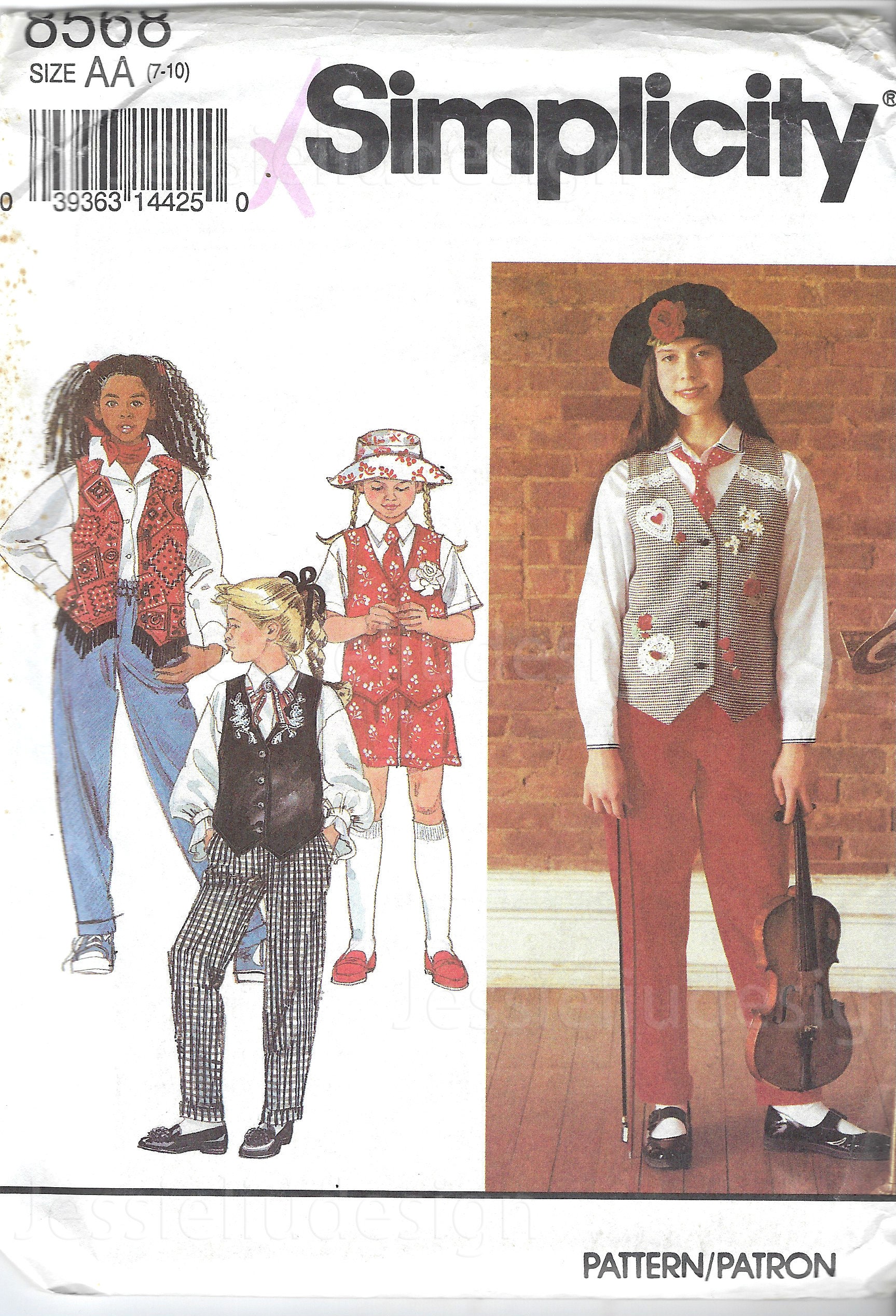 Uncut vintage Simplicity Sewing Pattern 8568 Girls Pull on Pants with Turn Back Cuff, Shorts Vest, Tie and Bucket Hat - Size 7 8 10 12-14 FF