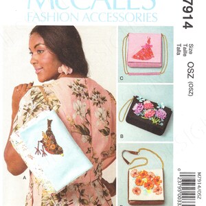 May include: A sewing pattern for four different styles of handbags. The pattern is called McCall's Fashion Accessories M7914 and includes a size chart for OSZ. The handbags are shown in various colors and fabrics, including a blue handbag with a bird design, a black handbag with floral embroidery, a pink handbag with a gingham pattern, and a brown handbag with a floral design.