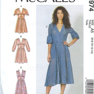 未カットのマッコールズ縫製パターン7974ボタンフロントドレス袖丈サイズ6-8-10-12-14 14-22工場折りたたみ