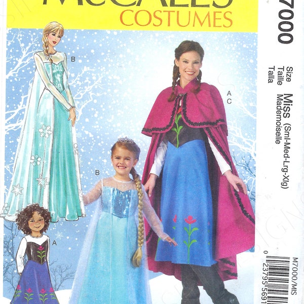 Uncut mccalls sewing pattern 381 7000 Frozen Winter Princess Dresses, & Cape w/ Collar and Caplet size miss s-m-l-xl kids 3-14 FF