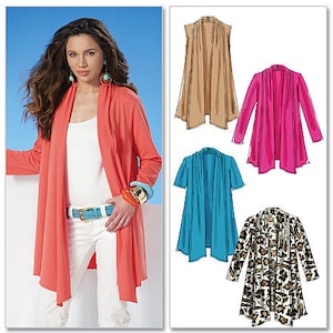 May include: A long, open-front cardigan with a draped neckline in four different colours: coral, turquoise, pink, and a brown and black animal print. The cardigan is shown on a model wearing white trousers and a white vest top.