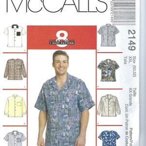 May include: McCall's sewing pattern featuring multiple shirt designs. The pattern includes a variety of styles, including short-sleeved and long-sleeved options, with different collar and pocket designs. The pattern size is XXL (50,52).