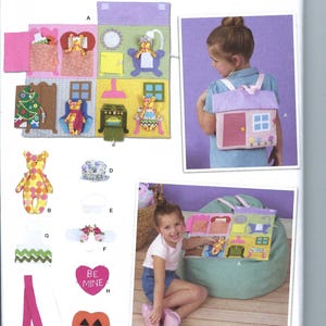 May include: A sewing pattern for a playhouse-themed backpack, beanbag chair, and various accessories. The pattern includes instructions for making a bear, a dress, a hat, a scarf, a pumpkin, and a heart. The pattern is designed for children ages 3 and up. This product is not suitable for children under 3 years.