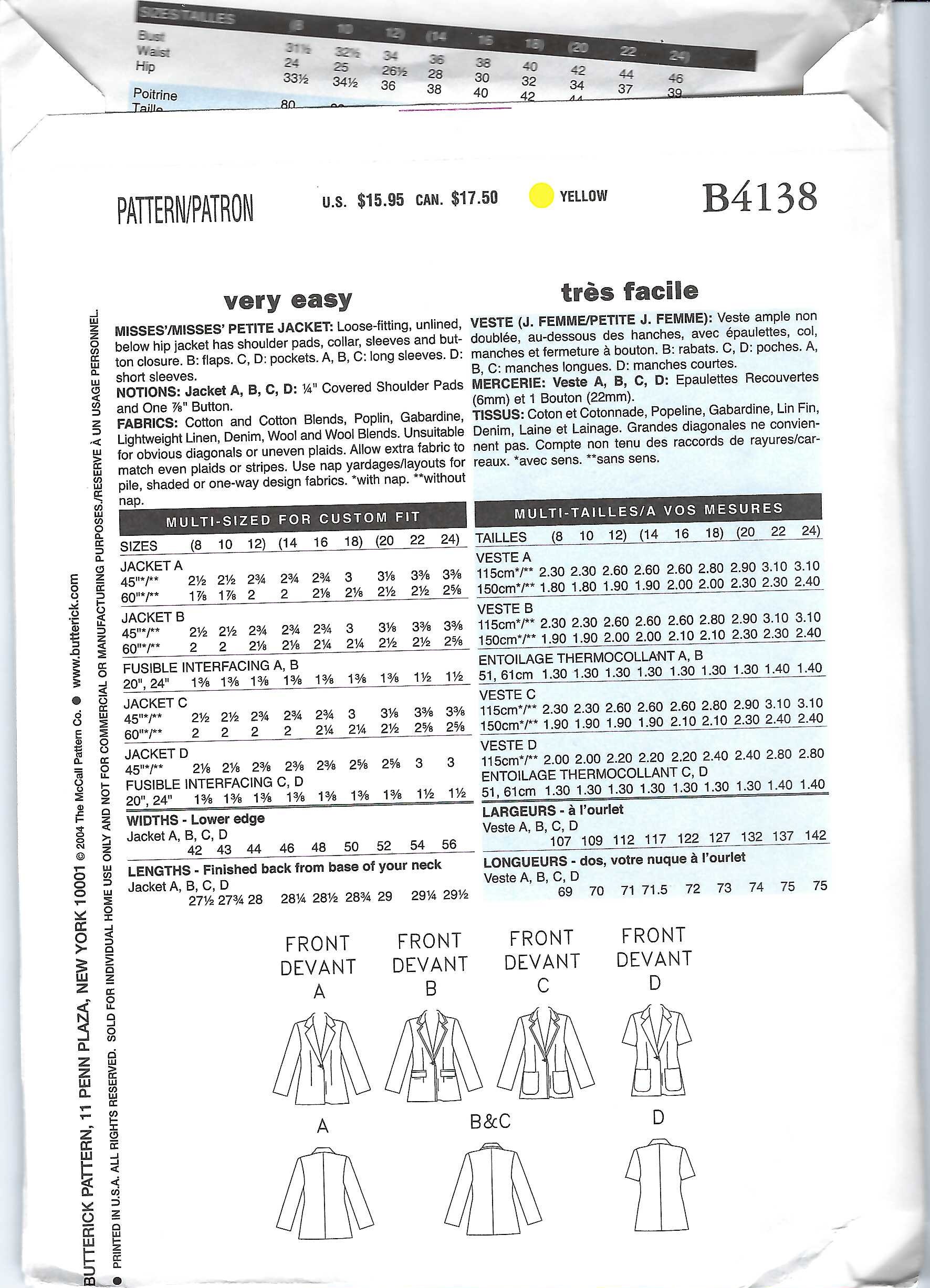 Uncut Butterick Sewing Pattern 4138 Misses Very Easy Loose Fitting ...