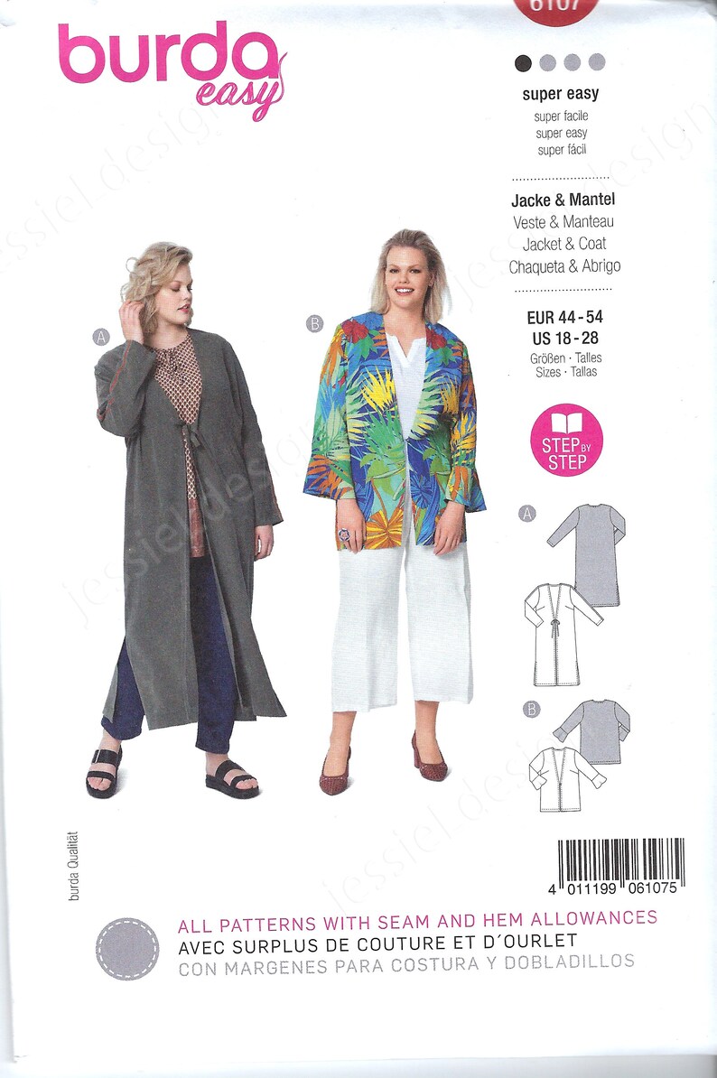 Uncut Burda Style sewing pattern 6107 Coat Light Summer Jacket size 18-28 FF Blouse Jacket
