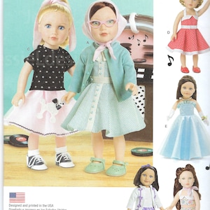 May include: Simplicity pattern 8072 for doll clothes. The pattern includes designs for various outfits, such as a polka dot top and poodle skirt, a dress with a cardigan, and a formal gown. The dolls are approximately 18 inches (45.5cm) tall.