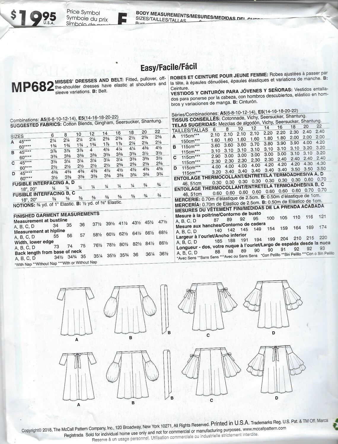 Uncut Mccalls Sewing Pattern 682 7744, Misses' Dresses and Belt Size 6 ...