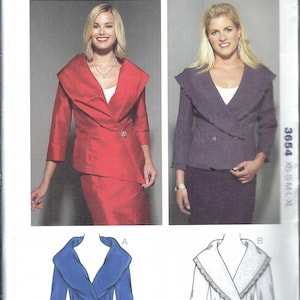 May include: Kwik Sew pattern 3654 for misses' jackets in sizes XS-S-M-L-XL. The pattern features two jacket styles with wide collars and three-quarter length sleeves. One version is shown in red with a single button, and the other in purple with a ruffled collar.